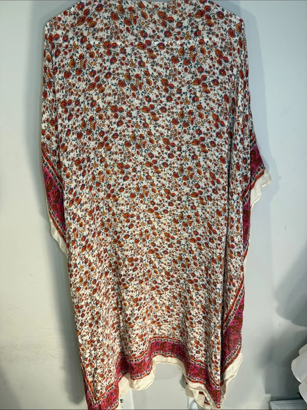 Boho Floral Kimono Wrap — Cream with Pink & Red Border
